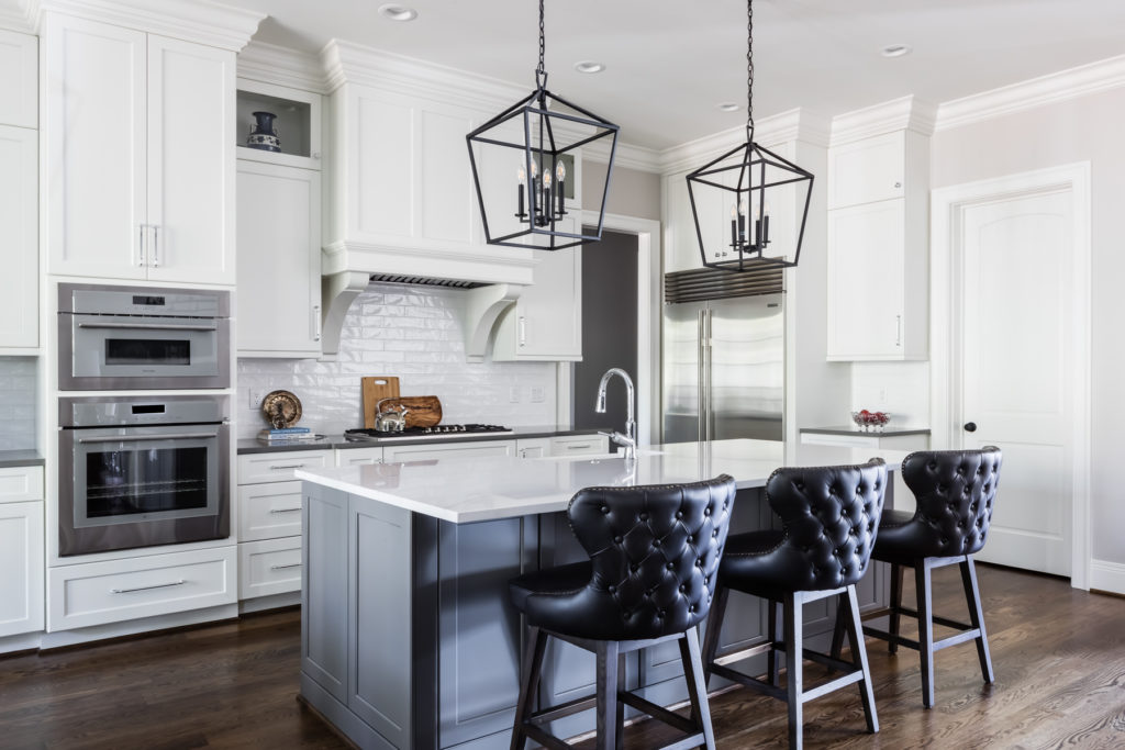 a kitchen with elements of dark and light